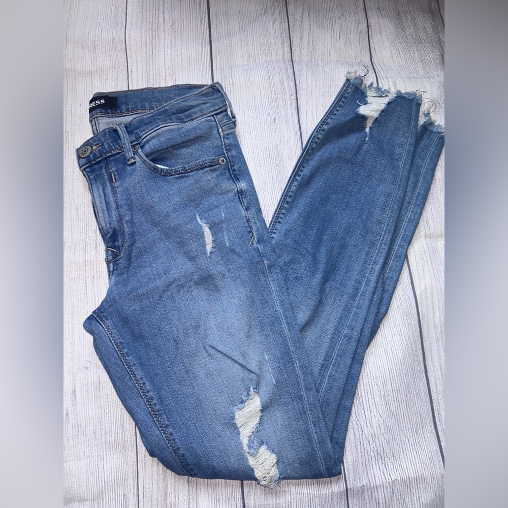 Express Light Blue Distressed Skinny Jeans